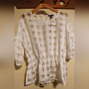 Ashley Stewart White Sheer Checked Print Top 3/4 Length Puffy Sleeves 22/24